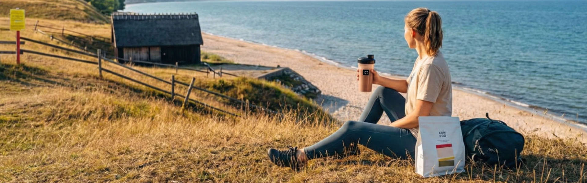 Bild på kvinna som dricker ComFoo vid stranden